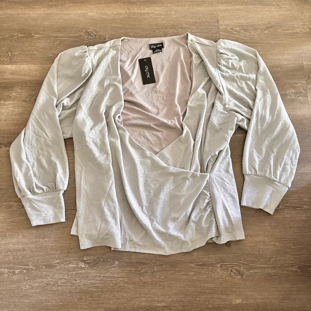 City Chic Wrap Shirt Blouse Silver Sparkle NEW WITH TAGS Plus Size XL/22